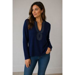 Reba Women XL Navy Blue Beaded V-Neck Long Sleeve Top Elegant Embellished Blouse
